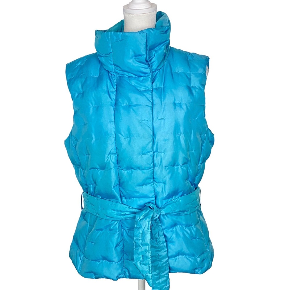 TALBOTS Women Goose Down Feather Filled Belt High Neck Puff Vest Sz M Blue h-16